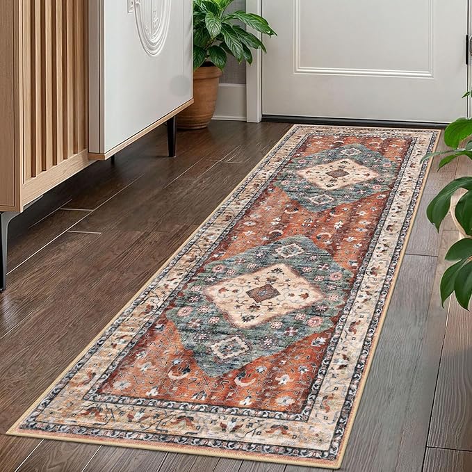 KOZYFLY Runners for Hallways 2x5 Ft Washable Kitchen Runner Rug Boho Runner Rug for Entryway Indoor Rust/Orange/Blue Printed Oriental Faux Wool Floor Carpet Runner for Laundry Room Kitchen Hall
