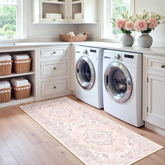 Area Rugs 2'x6' Washable Non-Slip, Floral Vintage Distress Print Pattern Medallion Carpet for Living Room Bedroom Dining Room, Pink Greypink Cute