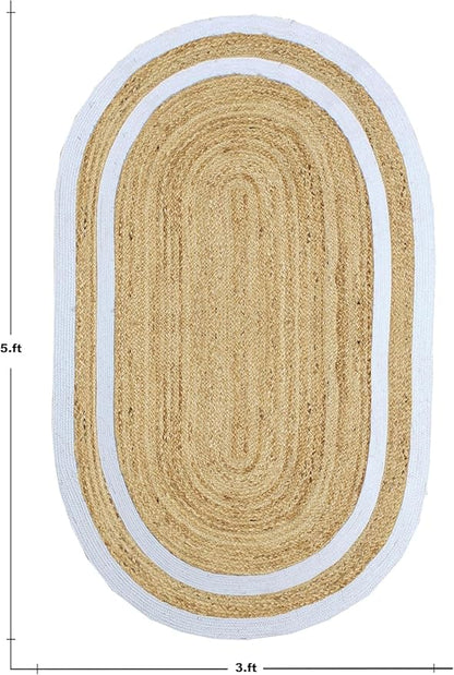 Oval Runner 2x10 Kilim Jute Runner Natural Oval Thick 0.27" Solid Design Beige White Hand Braided Jute Flatweave Mat Handmade Boho Indoor Outdoor Rugs for Kitchen Hallway Enterway