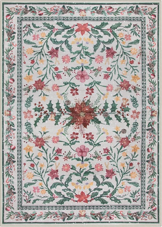 Wonnitar Christmas Rugs for Living Room, Christmas Decor 5x7 Washable Area Rug, Ultra-Thin Red Floral Holly Print Holiday Xmas Decor Non Slip Winter Carpet for Kids Room Bedroom Dining Room