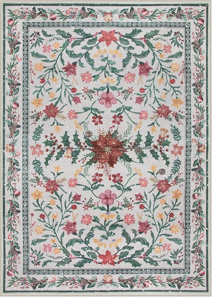 Wonnitar Christmas Rugs for Living Room, Christmas Decor 5x7 Washable Area Rug, Ultra-Thin Red Floral Holly Print Holiday Xmas Decor Non Slip Winter Carpet for Kids Room Bedroom Dining Room