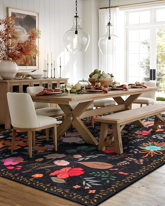 Area Rug 9x12, Washable Large Rugs for Living Room, Non Slip 0.27" Low Pile Vintage Floral Large Carpet for Bedroom, Dining Room, Kids Playroom (Black)