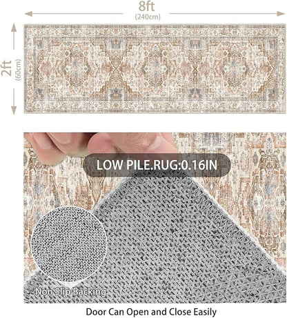 Enkor Runner Rugs for Hallway, 2x8 Washable Soft Non Slip Floor Rugs for Kitchen, Modern Mat for Living Room Bedroom Entryway Beige & Brown