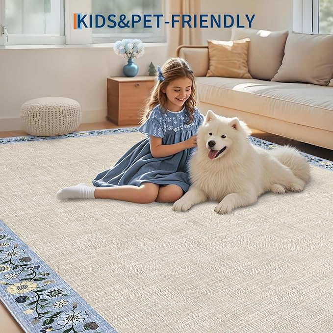 GarveeHome Washable Living Room Rug 9x12 Floral Bordered Area Rugs Soft Thin Indoor Carpet for Bedroom Modern Throw Aesthetic Mat Non Slip Stain Resistant Carpet for Dining Room Office, Beige