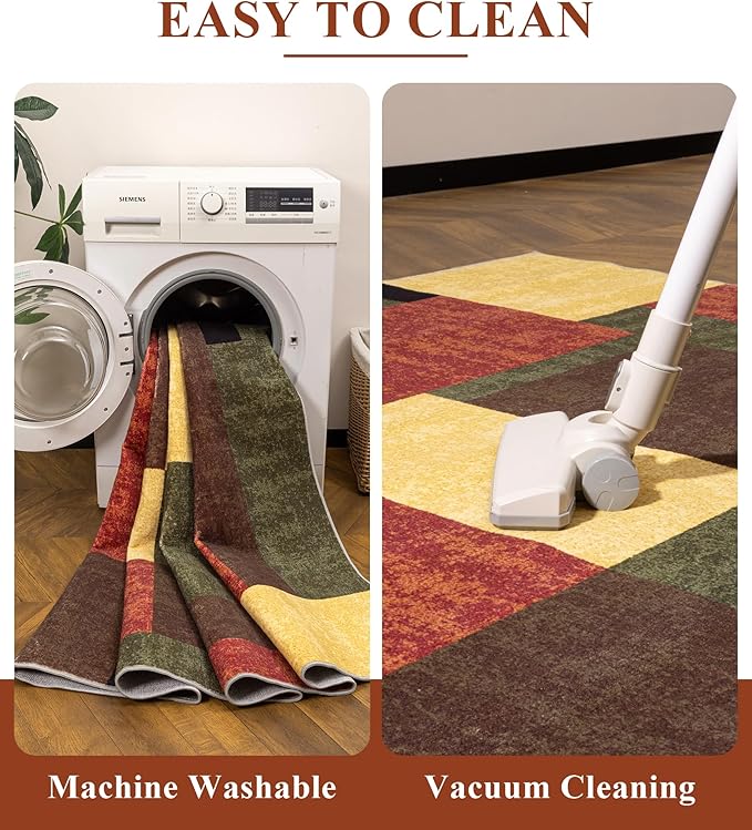 YIHOUSE Red and Green Rug 4x6, Burgundy Farmhouse Vintage Rugs Washable for Living Room,Burnt Orange Area Rug Non Slip,Geometric Boho Area Rug for Kitchen,Dining Room,Bedroom