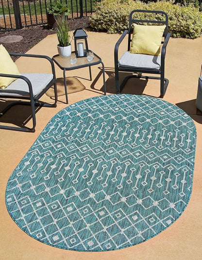Unique Loom Outdoor Trellis Collection Area Rug - Tribal Trellis (7' 10" x 10' Oval, Teal/ Ivory)