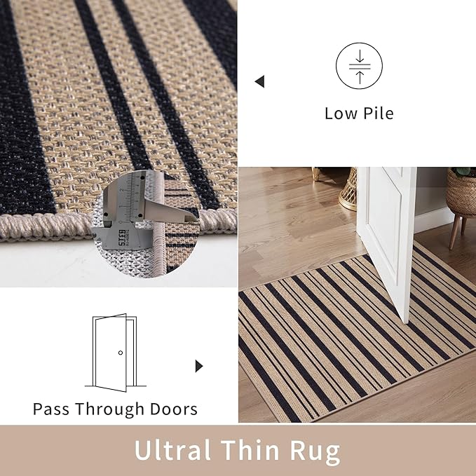 Tangsoo Stripe Easy Jute Rug,Ultra Thin 3x5 Washable Area Rug for Bedroom,Non-Slip Black Indoor Outdoor Rug Modern Farmhouse Low Pile Carpet for Patio Backyard Entryway