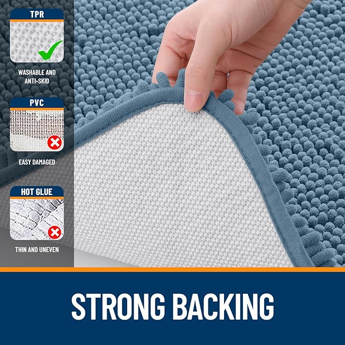OLANLY Bathroom Rugs 59x24, Extra Soft Absorbent Chenille Bath Rugs, Rubber Backing Quick Dry, Machine Washable Bath Mats for Bathroom Floor, Tub and Shower, Home Decor Accessories, Airy Blue
