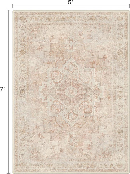 5x7 Area Rugs for Living Room, Machine Washable Rug, Non Slip Vintage Rugs, Low Pile Lightweight Print Rug for Bedroom, Dining Room, Home Office, Pink