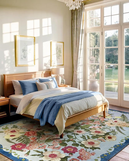 Floral Washable 5x7 Area Rugs - Living Room Rug Non Slip Low Pile Stain Resistant Carpets Indoor Vintage Flower Print Rug for Bedroom Dining Room Kitchen Home Office, Blue