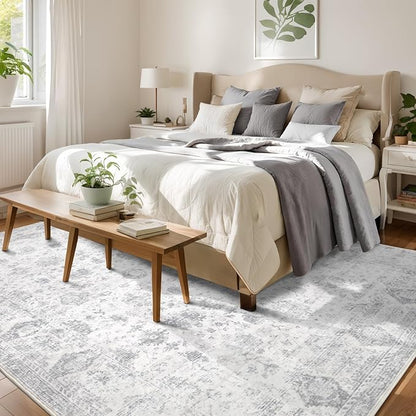 Washable 6×9 Area Rugs for Living Room, Vintage Floral Rug Soft Non Slip Stain Resistant Boho Carpet for Bedroom Dinning Room Kitchen Home Office Grey