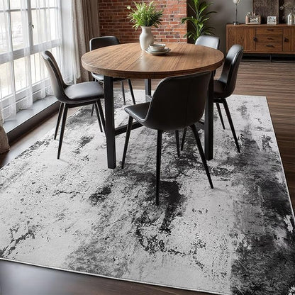 Washable Abstract Rug, 3x5 Modern Area Rugs with Non-Slip Rubber Backed for Bedroom, Thin but Soft Contemporary Carpet Kitchen Living Room Decor, Black Grey