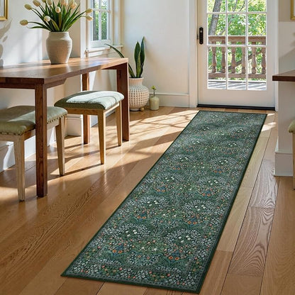 Lahome Floral Washable Runner Rug, 2'6''x8' Soft Hallway Rug Non Slip, Boho Ultra-Thin Kitchen Runners for Hallways with Rubber Backing Carpet Runner for Laundry Bedroom Bathroom, Dark Green