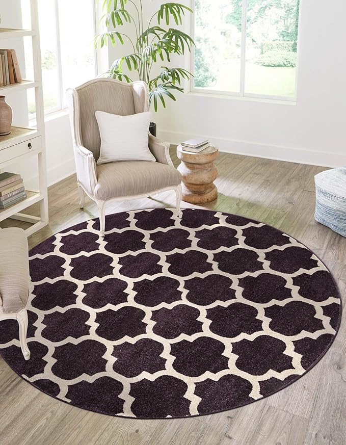 Rugs.com Lattice Collection Rug – 6 Ft Round Purple Medium-Pile Rug Perfect for Kitchens, Dining Rooms