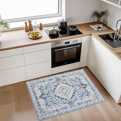 2x3 Small Area Rug for Entryway, Soft Washable Rugs with Non-Slip Backing for Bedroom Kitchen, Vintage Throw Carpet Laundry Entry Door Decor, Blue & Beige