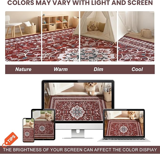 2' x 3' Red Washable Area Rugs, Non-Slip Entryway Rug, Boho Low Pile Door Mat Indoor Entrance, Floral Medallion Pattern Vintage Rugs for Kitchen Bedroom Bathroom Laundry Living Room Farmhouse