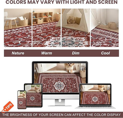 Luxury 5' x 7' Red Washable Area Rugs, Boho Low Pile Easy Clean Non-Slip Rug, Floral Medallion Pattern Vintage Rugs for Living Room, Dinning Room, Office, Bedroom, Bathroom, Laundry Room, Farmhouse