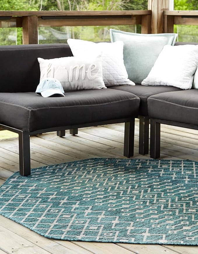 Unique Loom Outdoor Trellis Collection Area Rug - Tribal Trellis (5' 3" Octagon, Teal/ Ivory)