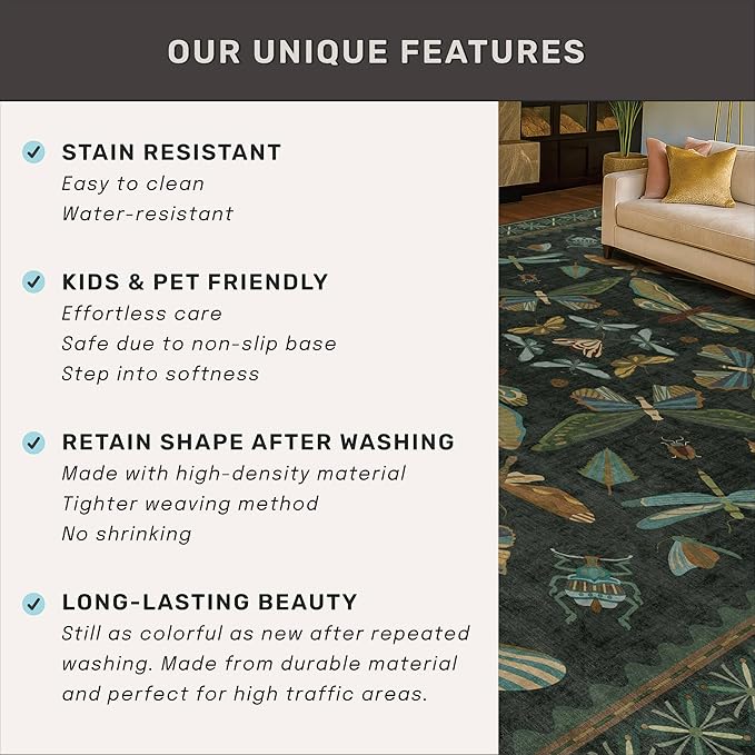 Insect 2x7 Stain Resistant Kitchen Runner Rugs, Vintage Bathroon Rug Non Skid, Low Pile & Soft Non Slip with Rubber Backed, Dark Green Boho Room Decor for Bedroom
