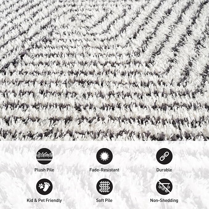 Rugshop Geometric Diamond Stripe Shag Runner Rug White 2' 3" x 8' Perfect for Hallways, Kitchens, or Behind The Sofa
