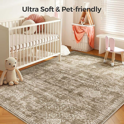 WITSHOCK 5x7 Area Rugs for Living Room: Machine Washable Non Slip Modern Abstract Carpet - Low Pile Print Rug for Bedroom Dining Room - Stain Resistant for Household - Pet Owners (Earthy Brown)