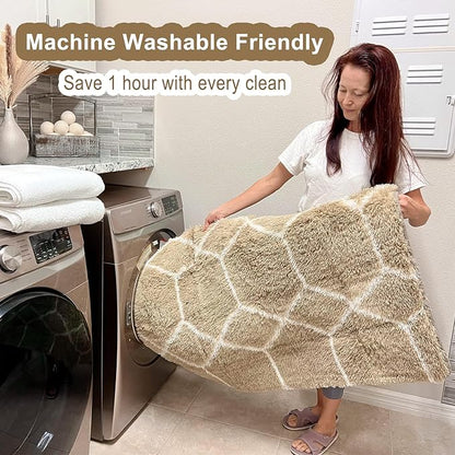 ONASAR 8x10 Area Rugs for Living Room, Fluffy Beige and White Bedroom Rug, Washable Geometric Boho Large Soft Plush Shaggy Fuzzy Floor Carpet for Nursery Kids Classroom Playroom Dorm Home Decor