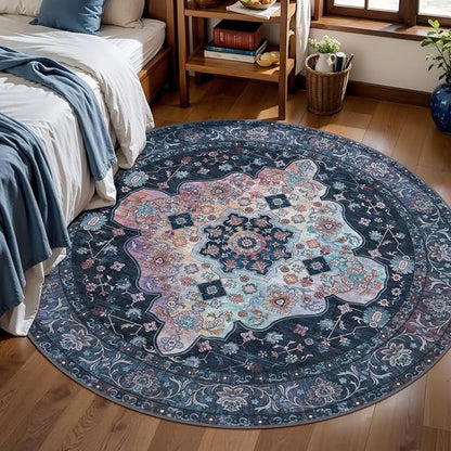 Tangsoo Vintage Round Rug 5ft, Washable Circle Rug, Non Slip Boho Round Area Rug, Low Pile Circular Rugs, Round Carpet for Bedroom,Livingroom,Nursery,Dorm,Office,Taupe