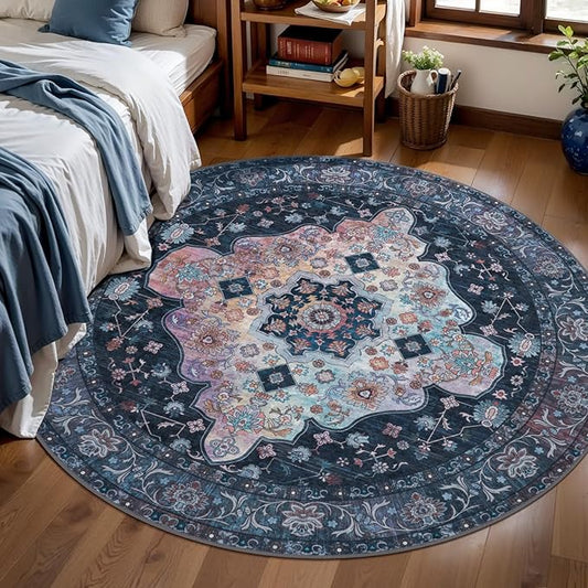Tangsoo Vintage Round Rug 5ft, Washable Circle Rug, Non Slip Boho Round Area Rug, Low Pile Circular Rugs, Round Carpet for Bedroom,Livingroom,Nursery,Dorm,Office,Taupe