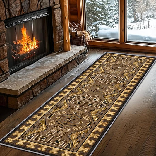 Brown Geometric Runner Rug, 4x10ft Hallway Runner Washable Rug, Corridor & Foyer High-Traffic Rugs, Indoor Durable Non-Slip Mat, Vintage Southwestern Decorative Home Carpet