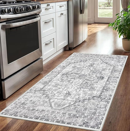 KOZYFLY Boho Area Rug 3x5 Ft Rugs for Entryway Washable Entry Rug Non Slip Door Mat Indoor Entrance Printed Faux Wool Throw Rugs for Entrance Kitchen Living Room, Gray
