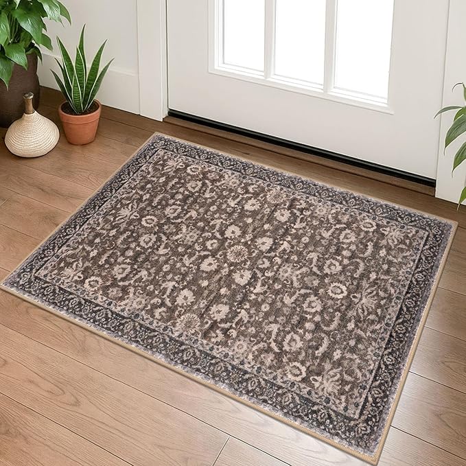 Vintage Entryway Rug 2x3 Washable, Mocha Brown Kitchen Rug, Super Soft Thin Faux Wool Small Area Rug, Non-Slip Accent Mat for Foyer, Bedroom, Office