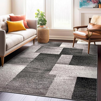 Rugshop Gray Modern Distressed Boxes Area Rug, Cozy Non-Shedding Pile for Living Room, Bedroom and Dining Area, 5' x 7'