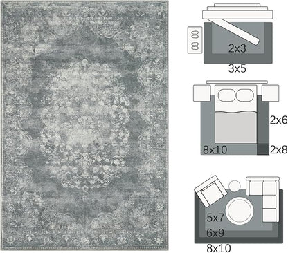 jinchan Vintage Floral 5x7 Area Rugs - Machine Washable Distressed Design Soft Ultra-Thin Low-Pile Non-Slip Carpet for Kitchen Bedroom Nursery Living Room Dining Room Home Office (5x7ft, Grey)