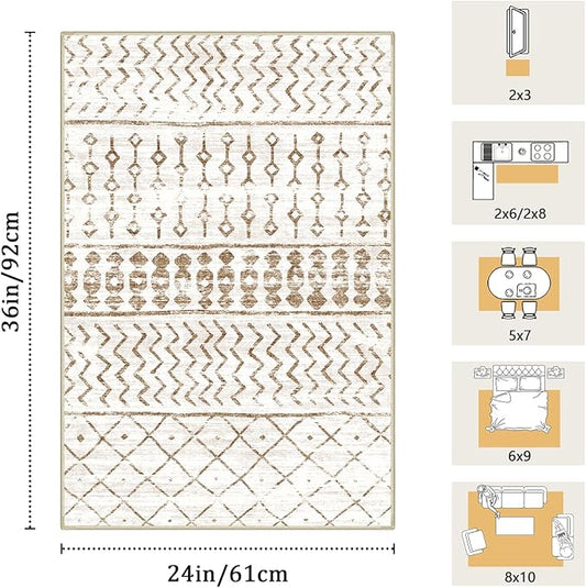 2x3 Machine Washable Area Rug for Entryway, Brown White Vintage Moroccan Rug Non-Slip Low Pile Soft Faux Wool Small Carpet, Kids and Pets Friendly for Bedroom Kitchen Hallway Home Decor Rug