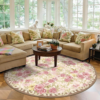 6ft Round Machine Washable Area Rug for Living Room, Pink Vintage Boho Floral Rug Large Non-Slip Low Pile Soft Faux Wool Carpet, Kids and Pets Friendly for Bedroom Nursery Farmhouse Home Decor Rug