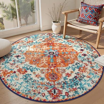 Lahome Washable Round Rugs 5'3"ft, Bohemian Orange Circle Rugs for Living Room, Entryway Round Area Rug, Floral Medallion Soft Non Slip Nursery Carpet for Bedroom Dining Coffee Table