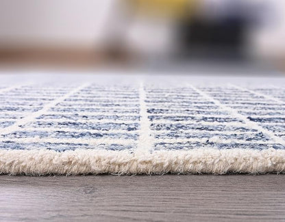 Hand-Tufted 100% Wool Area Rug – Unique Modern Geometric Grid Pattern, Soft Plush Textured Carpet for Living Room, Bedroom, Dining Room & Entryway (Denim Blue, 3' x 5')