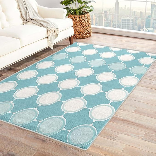 Aqua and White Rug, 4x7 Rug, Blue Rugs for Entryway, Geometric Large Area Rug, Washable Rug Non Slip Soft Indoor Carpet, Kids and Pets Friendly, Aqua and White Home & Room Decor