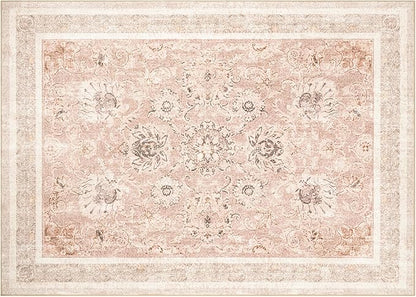 Phantoscope Washable Area Rug 5'x7' Non-Slip, Vintage Neutral Rugs for Living Room, Bedroom, Dining Room, Distressed Boho Floral Medallion Pattern, Low-Pile Foldable Floor Carpet, Soft Pink/Beige