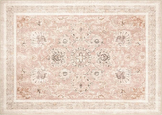 Phantoscope Washable Area Rug 5'x7' Non-Slip, Vintage Neutral Rugs for Living Room, Bedroom, Dining Room, Distressed Boho Floral Medallion Pattern, Low-Pile Foldable Floor Carpet, Soft Pink/Beige