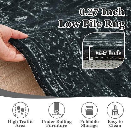 Black White Large 10x14 Area Rugs, Washable Non Slip Big Rug for Living Room Bedroom, Distressed Medallion Vintage Dark Big Carpet Rugs for Dinig Room Family Rooms, Low Pile Thin