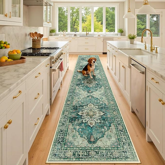 Area Rugs 3'x10' Washable Non-Slip, Floral Vintage Distress Print Pattern Medallion Carpet for Living Room Bedroom Dining Room, Dark Blue Vintage