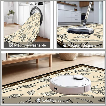 Medieval French Style Area Rugs 8x10ft, Off-White Botanical Leaf Pattern Rug, Low Pile Carpet, Washable & Non-Slip for Living Room, Bedroom, Dining Room, Dorm
