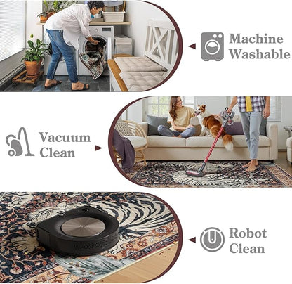 Moynesa Tiger Washable Area Rugs 8x10, Large Boho Rugs for Living Room, Vintage Non Slip Dining Room Rugs for Under Table, Ultra Thin Soft Floor Carpet for Office Bedroom, Puce Red