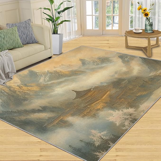 Misty Peaks Rugs for Bedroom - 5x7 Area Rug - Classic Fairy Palace Rugs for Living Room, Fairy Forest Rug, Washable Home Decor Carpet