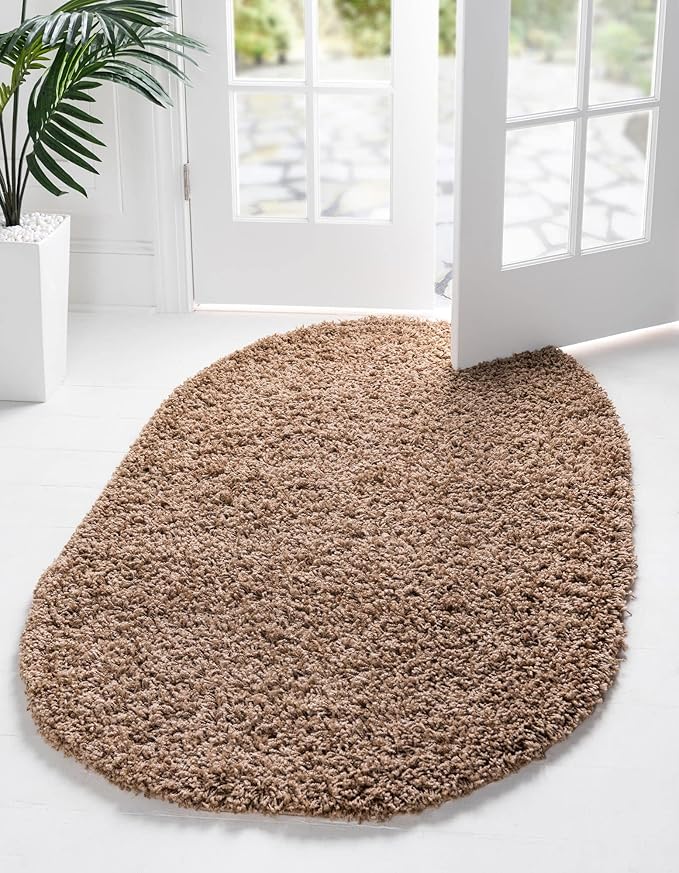 Unique Loom Solid Shag Collection Area Rug (7' 10" x 10' Oval, Sandy Brown)
