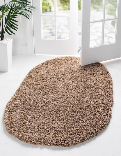 Unique Loom Solid Shag Collection Area Rug (7' 10" x 10' Oval, Sandy Brown)
