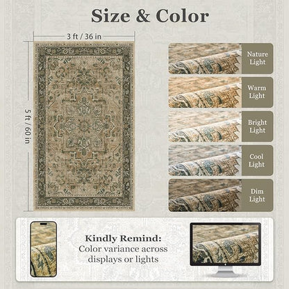 Retro Distressed 3x5 Area Rugs Washable Non Slip, Medallion Printed Small Foyer Throw Rugs for Entryway, Thin Carpet for Bedroom/Mudroom/Dorm/Bathroom/Kitchen/Closet, Multi Brown/Green
