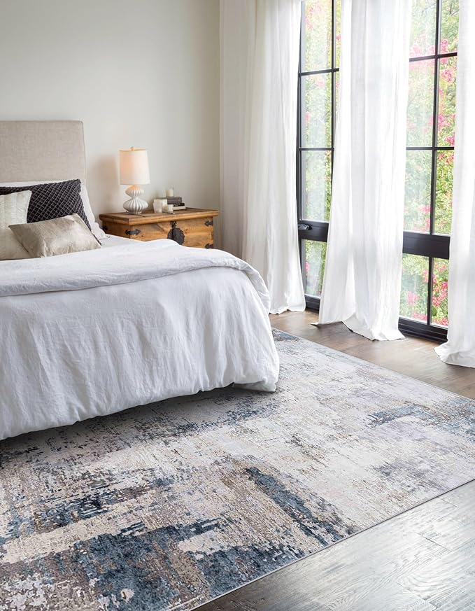 vivorug Washable Rug, Ultra Soft Area Rug 6x9, Non Slip Abstract Rug Carpet, Stain Resistant Rugs for Living Room Bedroom, Modern Fluffy Rug (Gray/Navy, 6'x9')