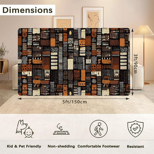 African Style Brown Orange Area Rug for Living Room, Non-Slip Backing Low Pile Modern Abstract Rug for Indoor Use, 3x5 Washable Carpet